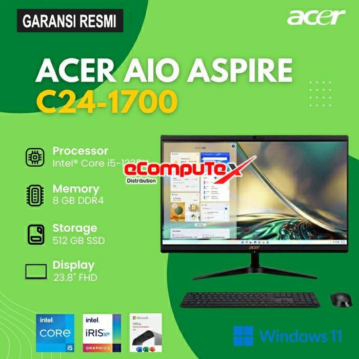 PC AIO ACER ASPIRE C24-1700 INTEL CORE GEN i5-1235U / INTEL IRIS XE / RAM 8GB 512GB SSD NODVD WIN11+OHS 23.8&quot; GARANSI RESMI