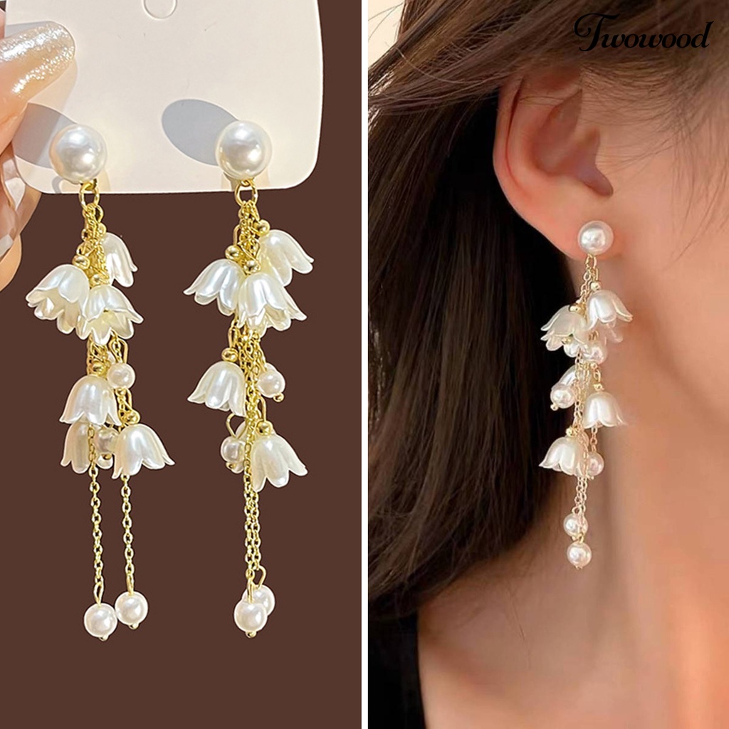 Twowood 1pasang Anting Rumbai Bunga Liontin Mutiara Imitasi Electroplating Tidak Alergi High Gloss Ear Ornament Colorfast Lady Elegan Anting Rumbai Rantai Panjang Untuk Pacaran