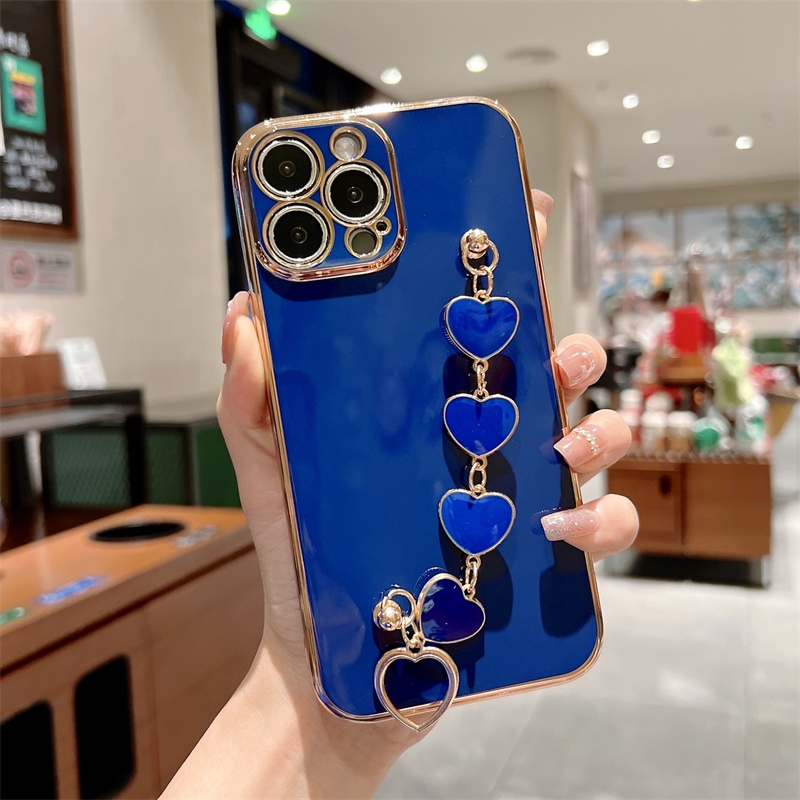 IPHONE Casing Ponsel Cinta Hati Untuk Iphone11 12 13 14 Pro Max XS Max XR X8 7 Plus 11Pro Shockproof Tali Pergelangan Tangan Rantai Electroplated Cover