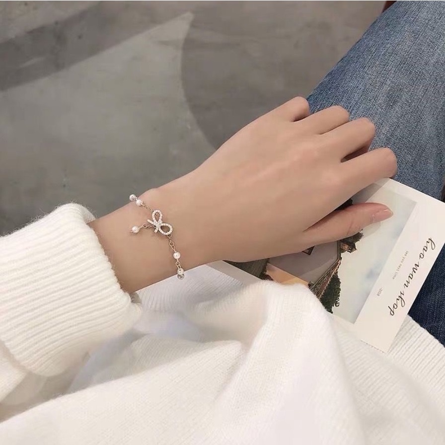 Gelang Tangan Wanita R6830 KUPU Mutiara Berlian Imitasi Korea Fashion Elegan Women Bracelet Jewelry Pita