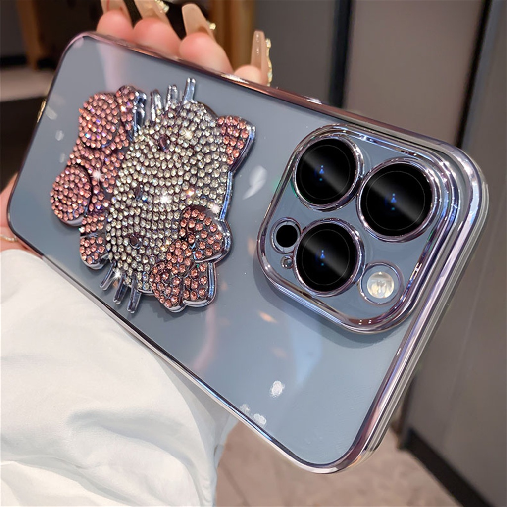 Kartun 3D Berlian Hello Kitty case iphone 14 pro max case iphone 13 12 pro Max14 plus promax Mewah Lensa Kamera Bening Tertutup Penuh Perlindungan shock Lembut Penutup Belakang