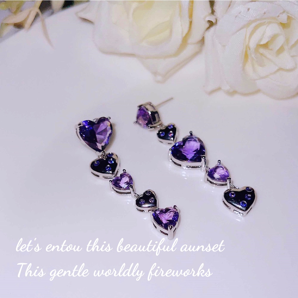 Goldkingdom Aksesoris Perhiasan Fashion Ready Stock Cahaya Mewah Cinta Mutiara Cerah Lavender Ungu Berlian Asimetris Anting Perempuan