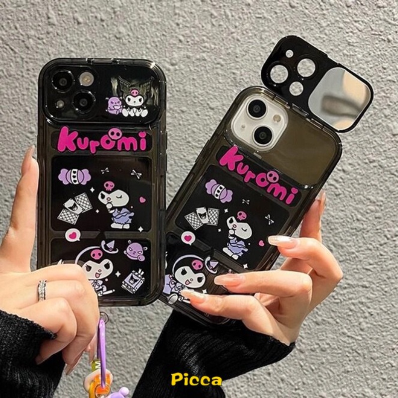 IPHONE Kreatif Flip Make Up Cermin Kartun Indah Kuromi Silicon Phone Case Kompatibel Untuk Iphone11Xr 12 13 14 Pro MAX 7 8 14 Plus X XS MAX SE Lucu Lembut TPU Shockproof Case