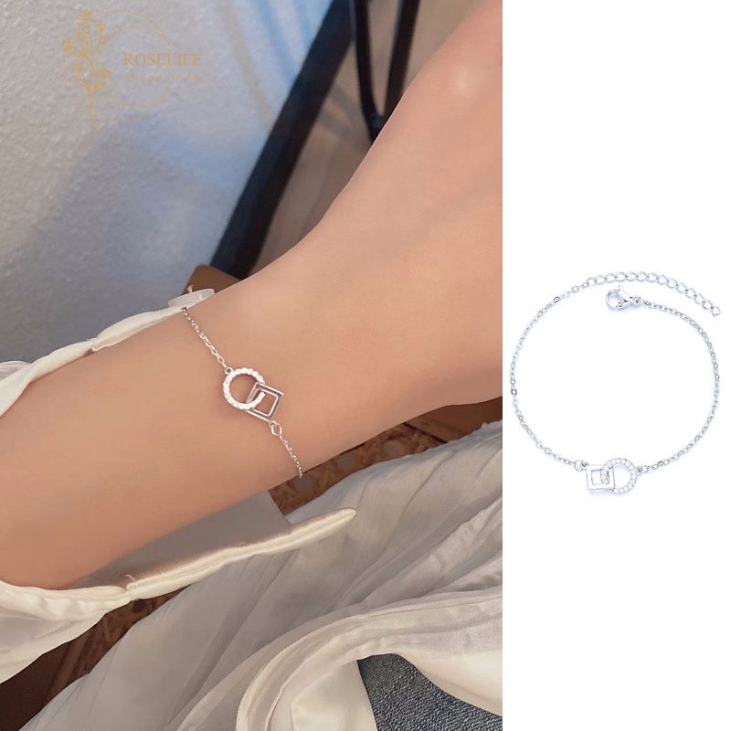 Roselife Perak Zirkon Persegi Bulat Geometris Liontin Gelang Untuk Wanita Gadis Minimalis Pergelangan Tangan Rantai Gelang Fashion Perhiasan Hadiah