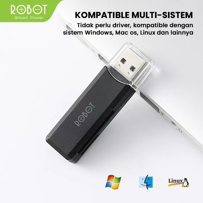 Card Reader ROBOT CR102 USB 3.0 TF / SD with 2 Slot Hub Black - Garansi Resmi 1 Tahun