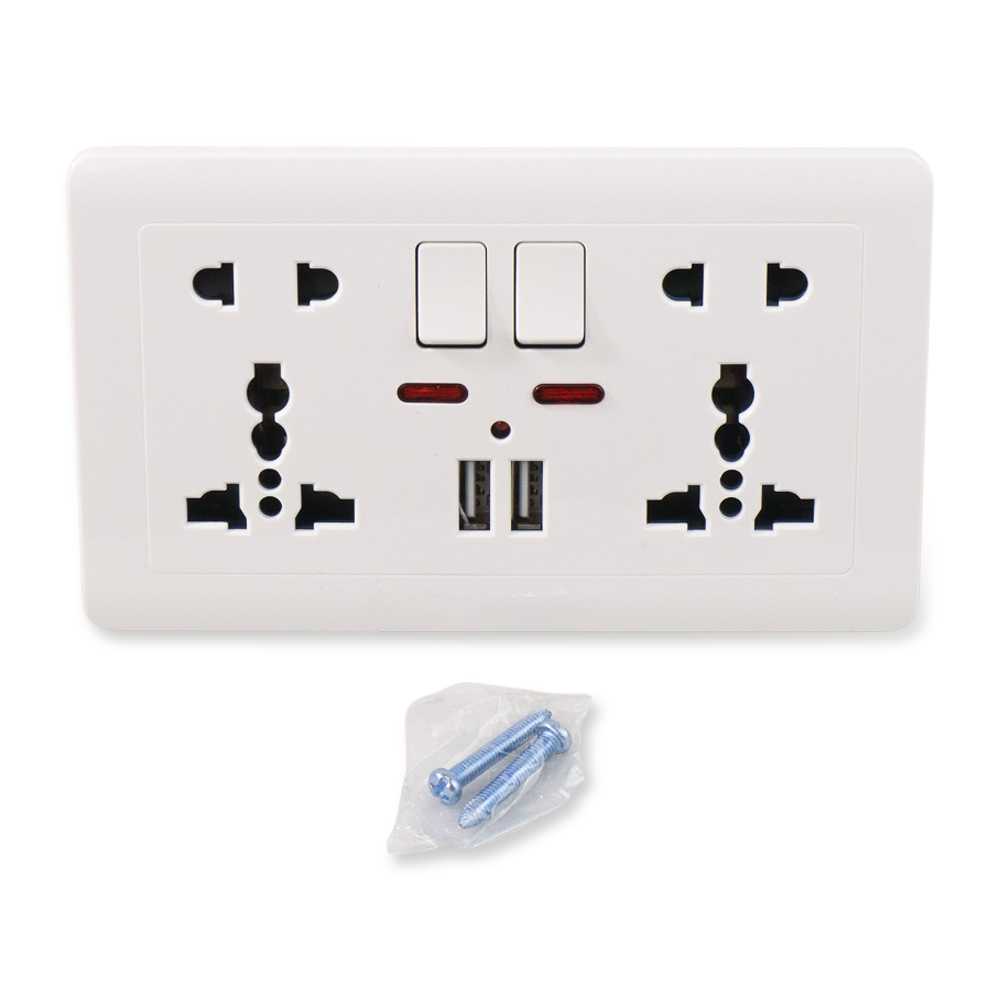 (BISA COD) FTIHSHP Wallpad Stop Kontak Universal UK EU US 2 Slot with 2 USB On/Off Switch - LC-86