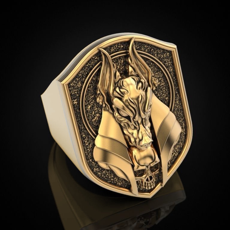 Goldkingdom Fashion Perhiasan Aksesoris Ready Stock Kreatif Mitologi Mesir Kuno Kematian Dewa Anubis Cincin Vintage Jackal Kepala Tubuh Berlapis Emas Asli Kadar 375 18 K Laki-Laki Cincin