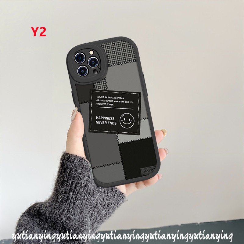 IPHONE Ins Keren Label Hitam Case Kompatibel Untuk Iphone11 13 12 14 Pro Max XR 6 7 8 6s Plus X XS Max SE 2020 Pasangan Lembut Tpu Lucu Smiley Jahitan Ponsel Cover