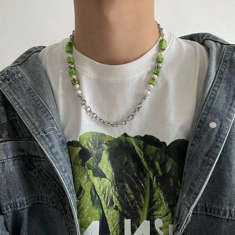Agustina Pria Hip-hop Kalung Trendi Halus Sederhana Mutiara Klavikula Rantai Pasangan Sweater Rantai Baja Titanium Wanita Gelang