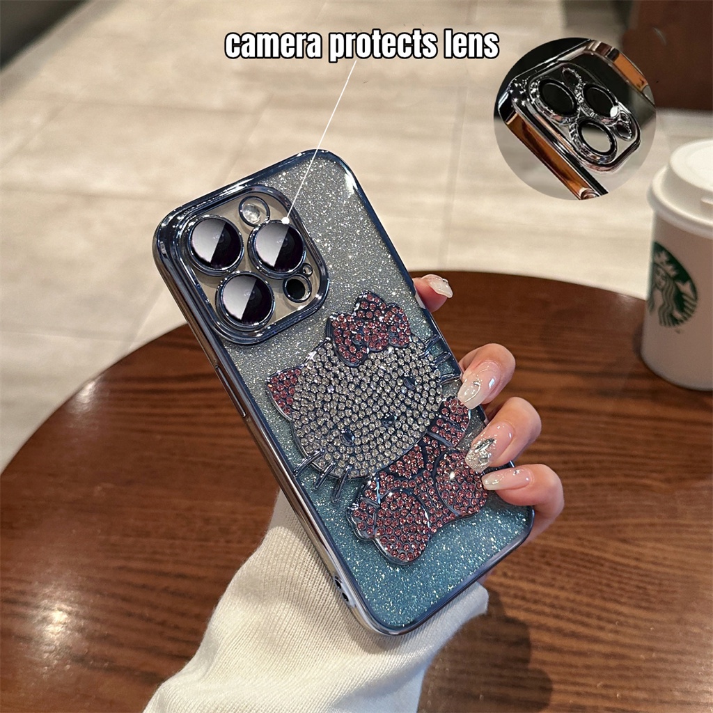 Casing Hello Kitty 3D Kedip Mewah iPhone 14 Pro Max14 Plus Case iPhone 13 12 Pro Max Pelindung Kamera Lensa Bezel Galvanis Kartun Bening Perlindungan Shockproof TPU Soft Cas Belakang