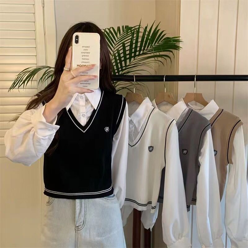 GROSIRTAS TG1663 Knit Vest Blouse Long Sleeve Ala Korea Import Vest LOGO Trend Korean Girl