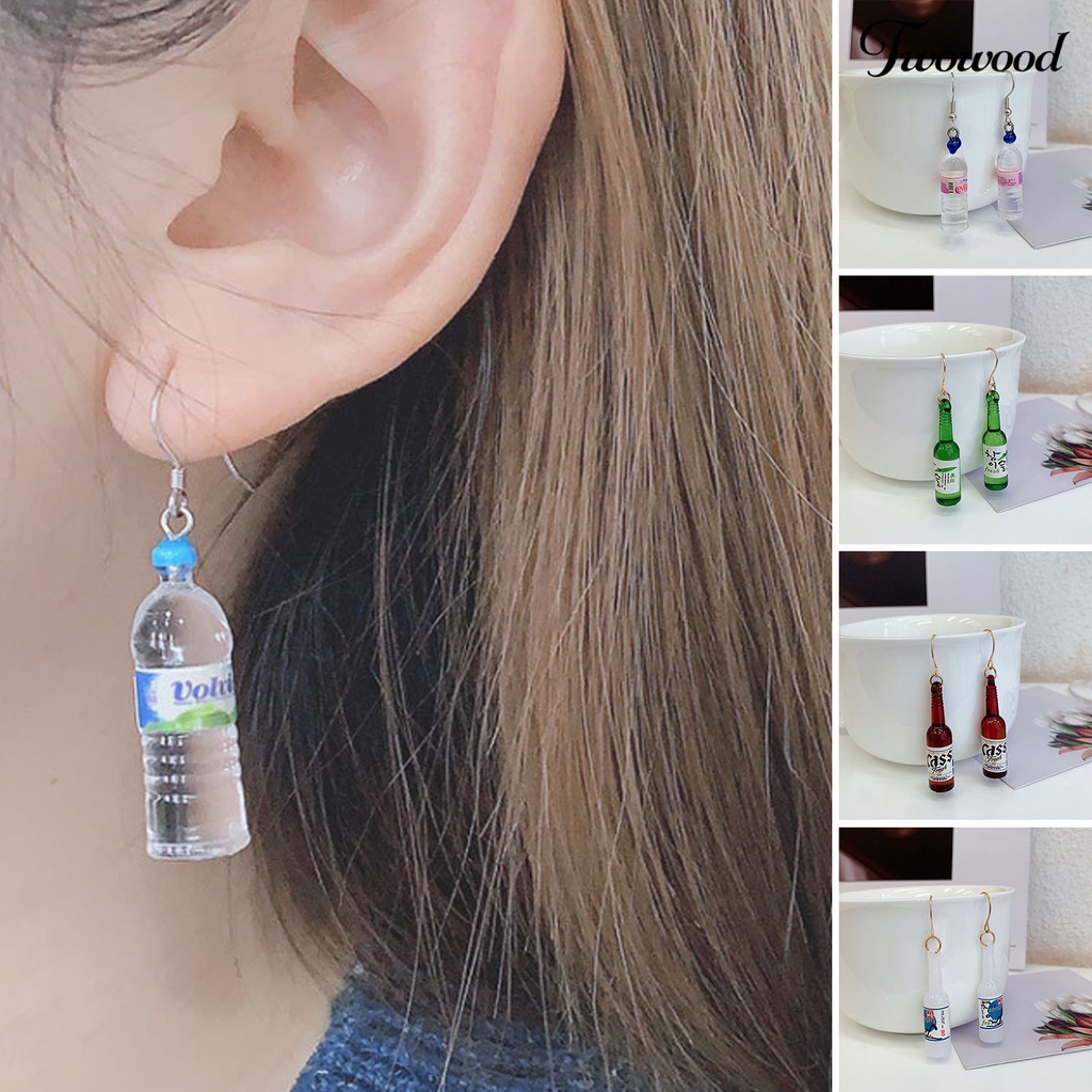 Twowood 1pasang Anting Kait Panjang Sederhana Realistis Handmade Tidak Teratur Dekoratif Hadiah Ulang Tahun Wanita Lucu Botol Bir Menjuntai Anting-Anting Eardrop Aksesori Busana