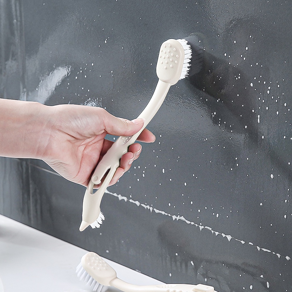 Sikat Pembersih Sepatu Dua Kepala Dengan Gagang Panjang/Sikat Scrub Pembersih Dalam Rumah Tangga Multifungsi Krem/Bulu Keras Kamar Mandi Kompor Wastafel Bathtub Cleaning Brush