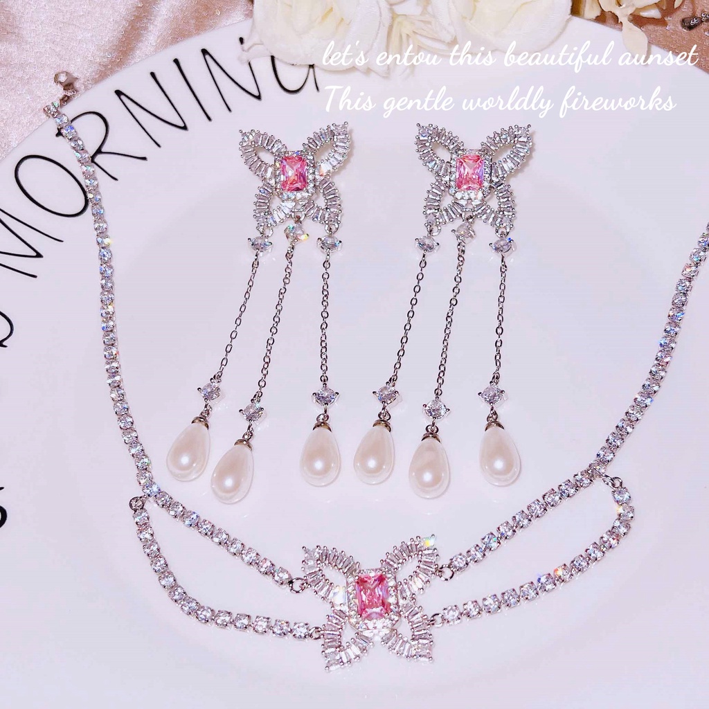 Goldkingdom Fashion Perhiasan Aksesoris Ready Stock Desainer Mewah Super Peri Kupu-Kupu Kalung Kecil Mengkilap T Persegi Merah Muda Berlian Anting Mutiara Perempuan