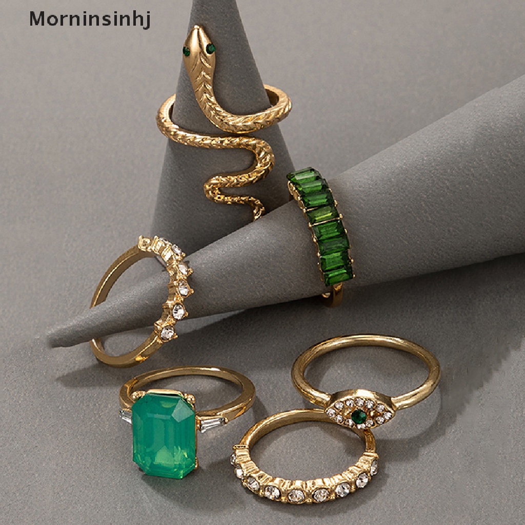 Mornin 6pcs/set Cincin Ular Berlian Imitasi Hijau Untuk Wanita Vintage Perhiasan Kristal id