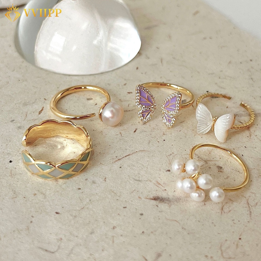 Vintage Menjatuhkan Minyak Cincin Untuk Wanita Kupu-Kupu Bunga Mutiara Pembukaan Yang Dapat Disesuaikan Rings Perhiasan Aksesoris