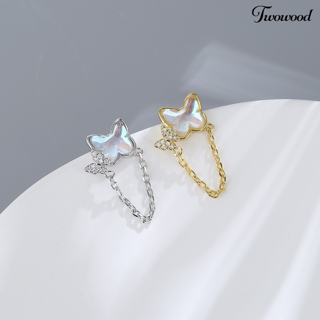 Twowood 1pasang Ear Studs Mini Faux Moonstone Elegan Berlian Imitasi Tertanam Kupu-Kupu Rantai Wanita Anting Fashion Perhiasan