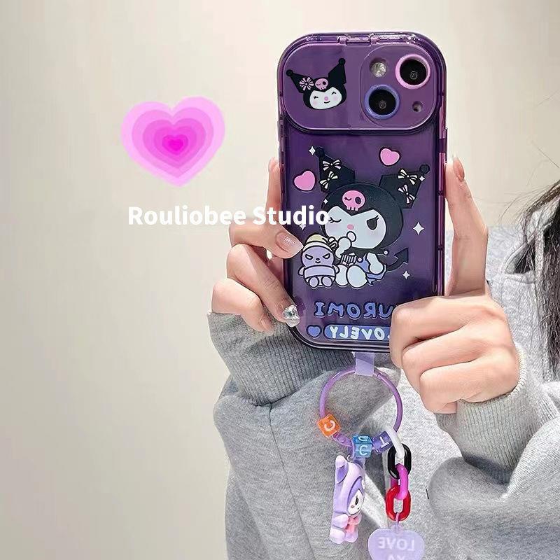 IPHONE Kuromi Liontin Makeup Mirror Holder TPU Phone Case Untuk Iphone11 12 13 Pro Max X/Xs Xr 7Plus 8Plus