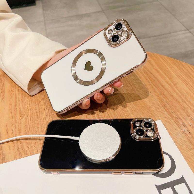 IPHONE Casing Magnetik Plating Cinta Hati Mewah Untuk Iphone14 13 Pro Max12 14 Pro 11tahan Guncangan Untuk Ponsel Charge Nirkabel Cover