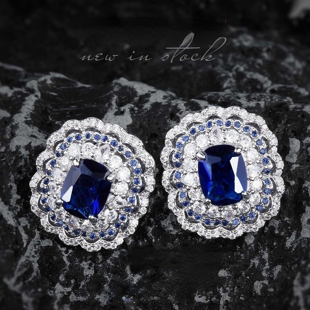 Goldkingdom Fashion Perhiasan Aksesoris Ready Stock Cahaya Mewah Penutup Belakang Desain Royal Safir Warna Harta Karun Micro Studded Earrings Perempuan