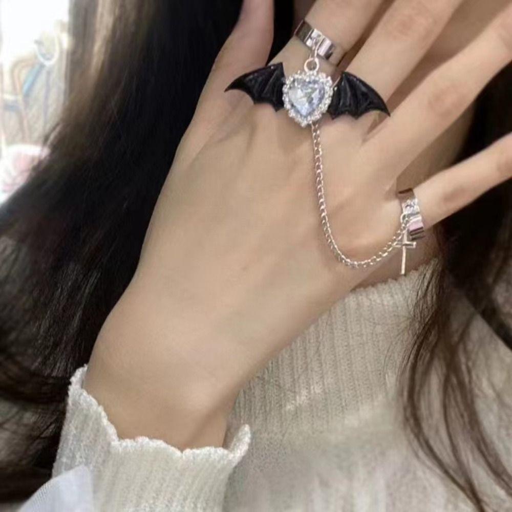 Mxbeauty Perempuan Terbuka Cincin Mewah Keren Rumbai Tidak Teratur Zirkon Bat Wing Double Finger Ring