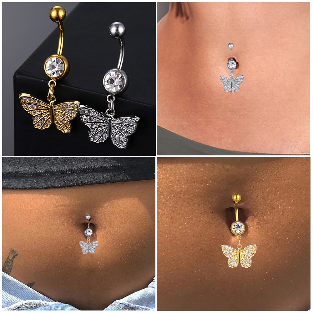 Kupu-kupu Liontin Tindik Pusar Kristal Berlian Menjuntai Tindik Pusar Stainless Steel Belly Button Drop Dangle