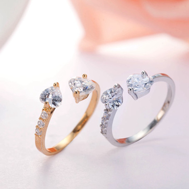 Wanita Zirkon Tembaga Terbuka Chunky Ring Jewellery Double Heart Ring