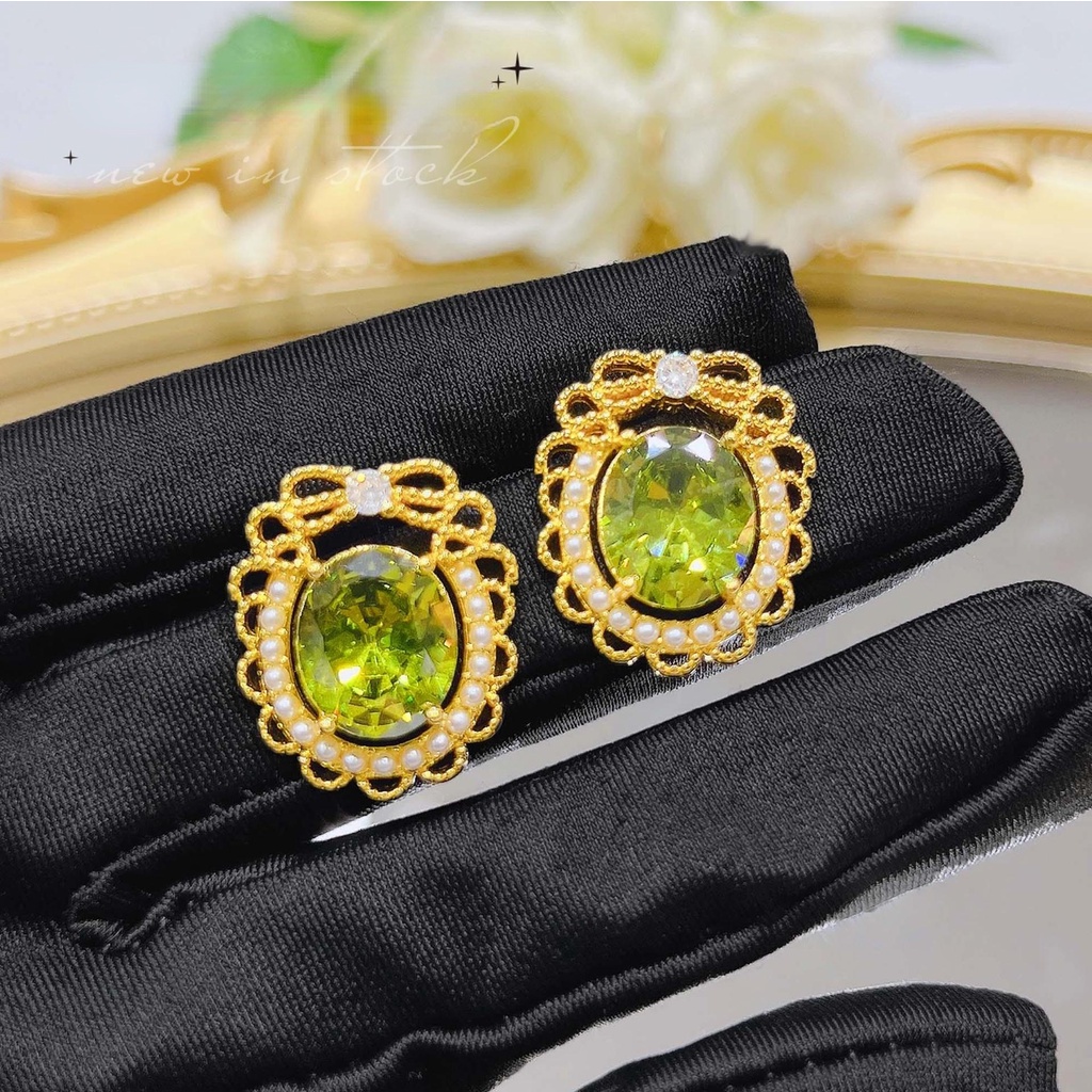 LUSH Goldkingdom Aksesoris Perhiasan Fashion Ready Stock Windsor Estate Olive Green Stud French Retro Elegan Hutan Rimbun Hijau Austria Kristal Mutiara Stud