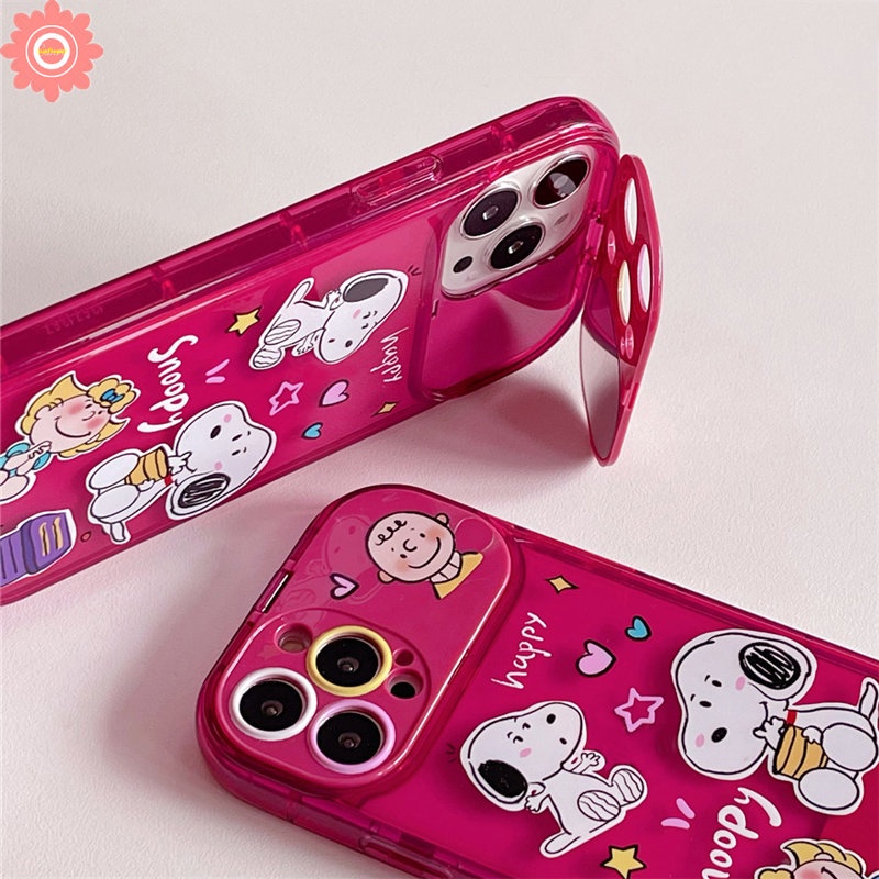 Kartun Snoopy Charlie Brown Lembut TPU Cermin Casing Kompatibel Untuk IPhone XR 78 Plus 11 14 13 12 11 Pro MAX X XS MAX SE 2020 Rose Red Kreatif Flip Make Up Mirror Shockproof Case