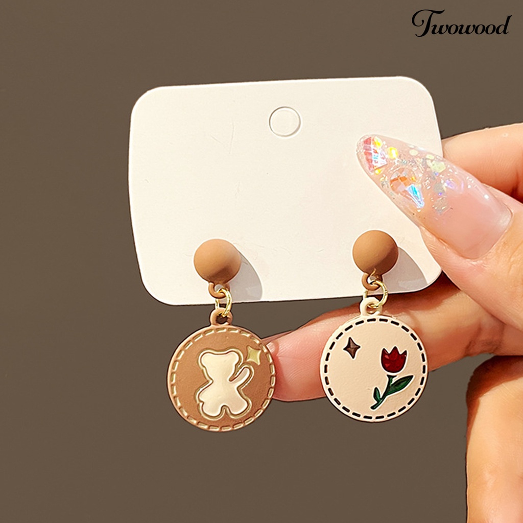 Twowood 1pasang Anting Menjuntai Gaya Jepang Warna Senada Bulat Lucu Retro Hadiah Fashion Perhiasan Kartun Beruang Bunga Mawar Telinga Studs Untuk Pacaran