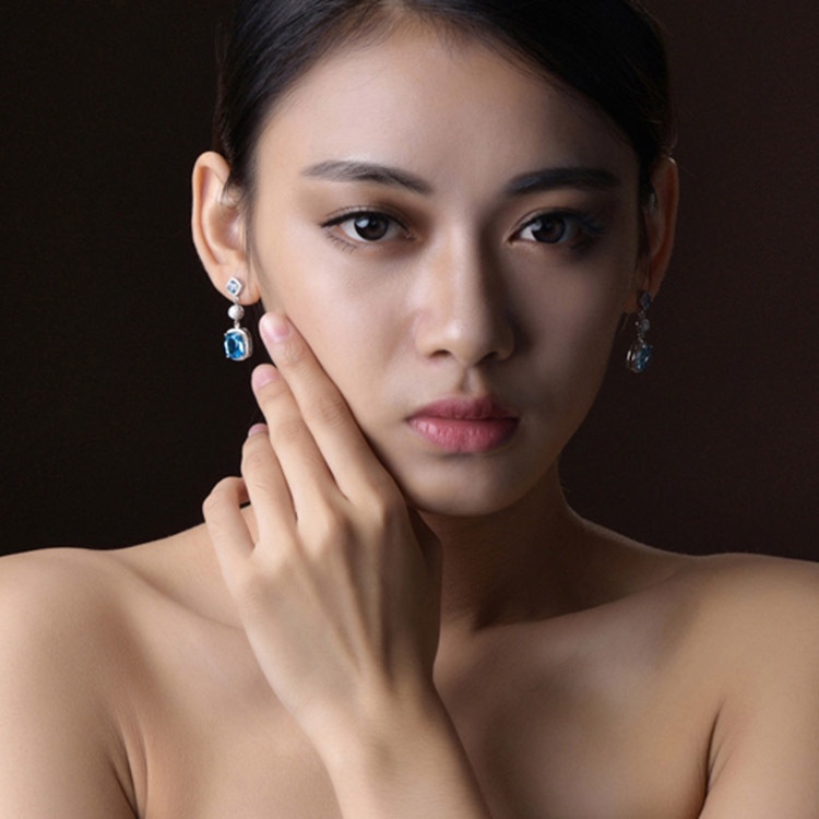 Goldkingdom Aksesoris Perhiasan Fashion Ready Stock Jual Anting Aquamarine Imitasi Panjang, Anting Ruby Darah Merpati Mewah Perbatasan Silang Di Eropa Dan Amerika