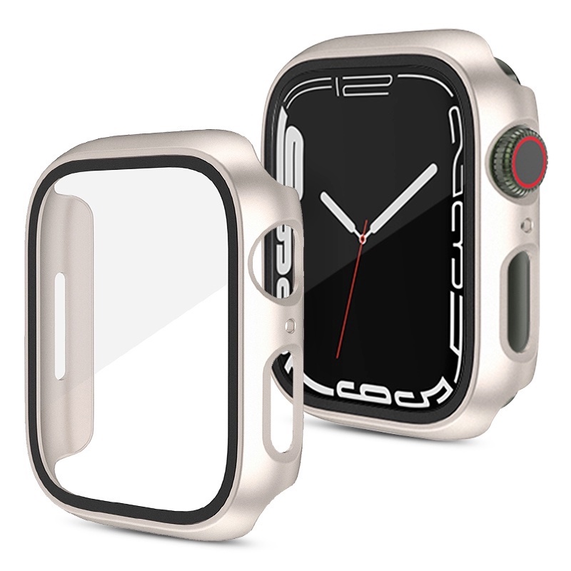 [In Stock] Tahan Air Pelindung Layar Kaca+Bumper Frame hard Case Untuk Apple watch Series7 6 SE 5 4 3 2 1 cover Tempered glass film iwatch 45mm 41mm 44mm 40mm 42mm 38mm Case