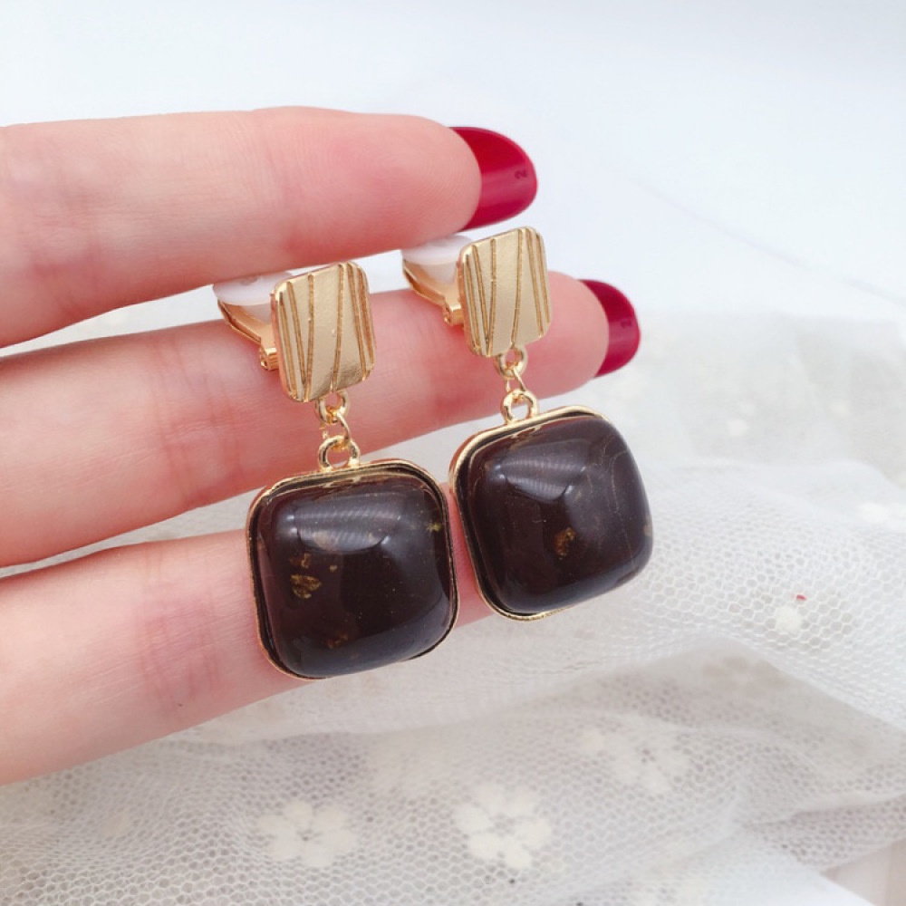 Anting Klip Persegi Geometris Berlapis Emas Non Tindik Vintage Wanita Perhiasan Resin Manset Telinga