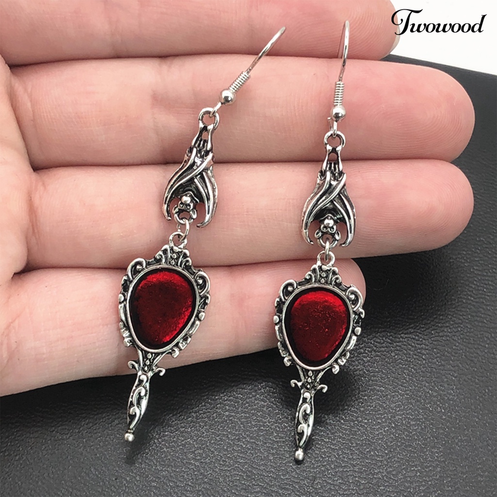 Twowood 1pasang Drop Earrings Gothic Personality Magic Mirror Gaya Punk Vintage Bat Ear Hook Drop Earrings Aksesoris Fashion