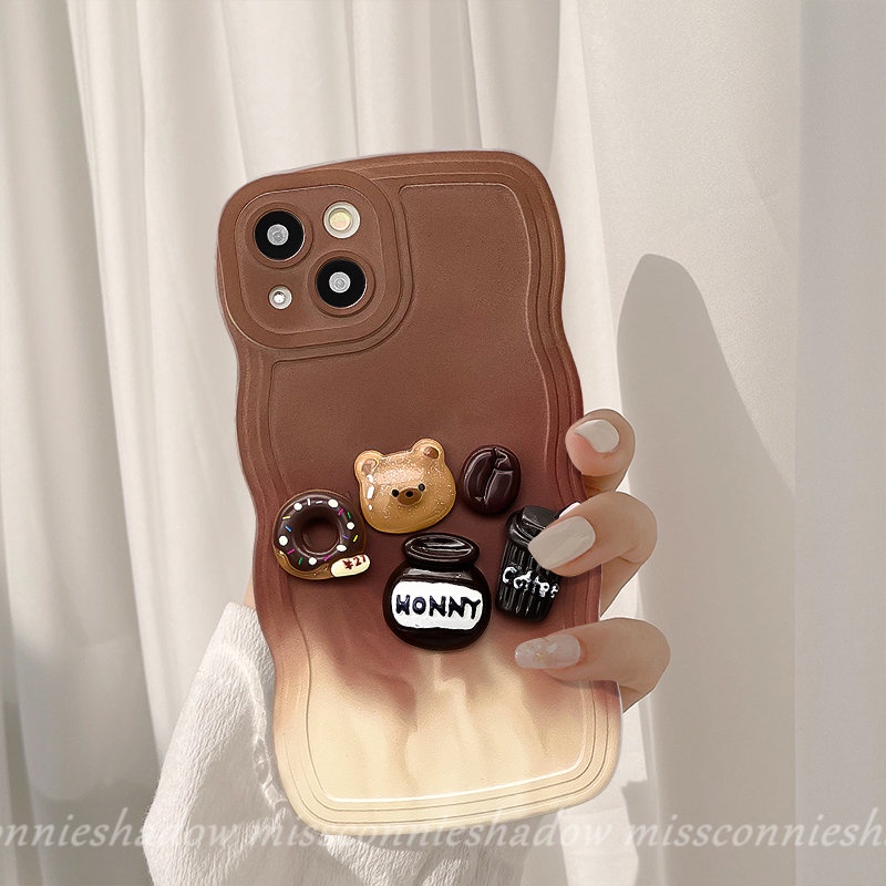 REDMI Ins 3D Lucu Kartun Mainan Beruang Kopi Donat Case Redmi10 9T A1+10A 10C A1 9 9A 9C NFC Note10 11 10s 9s 8 11Pro 9 10Pro 11s POCO M3 X3 NFC Pro Mi 11T Pro Gradiasi Bergelombang Casing Edge