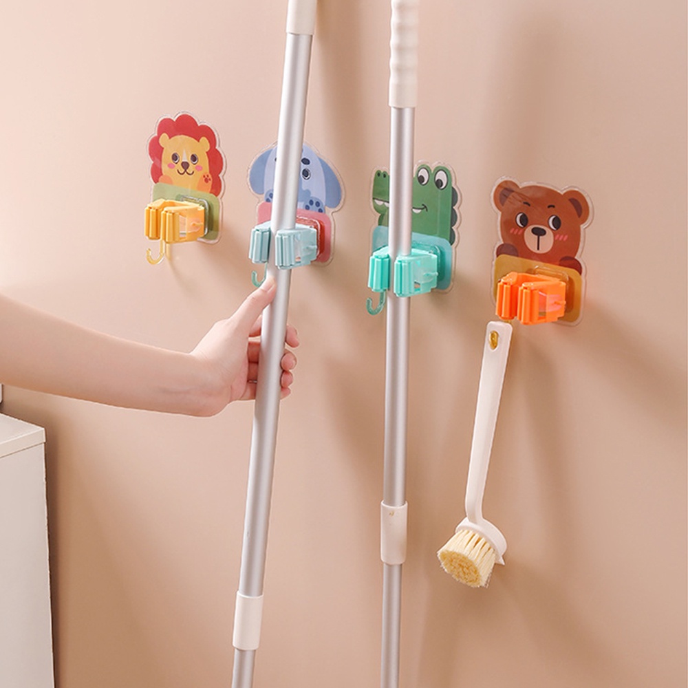 1pc Kartun Ada Punch Mop Rack Dengan Kait Lucu Rumah Plastik Yang Dipasang Di Dinding Mulus Mop Clip Holder