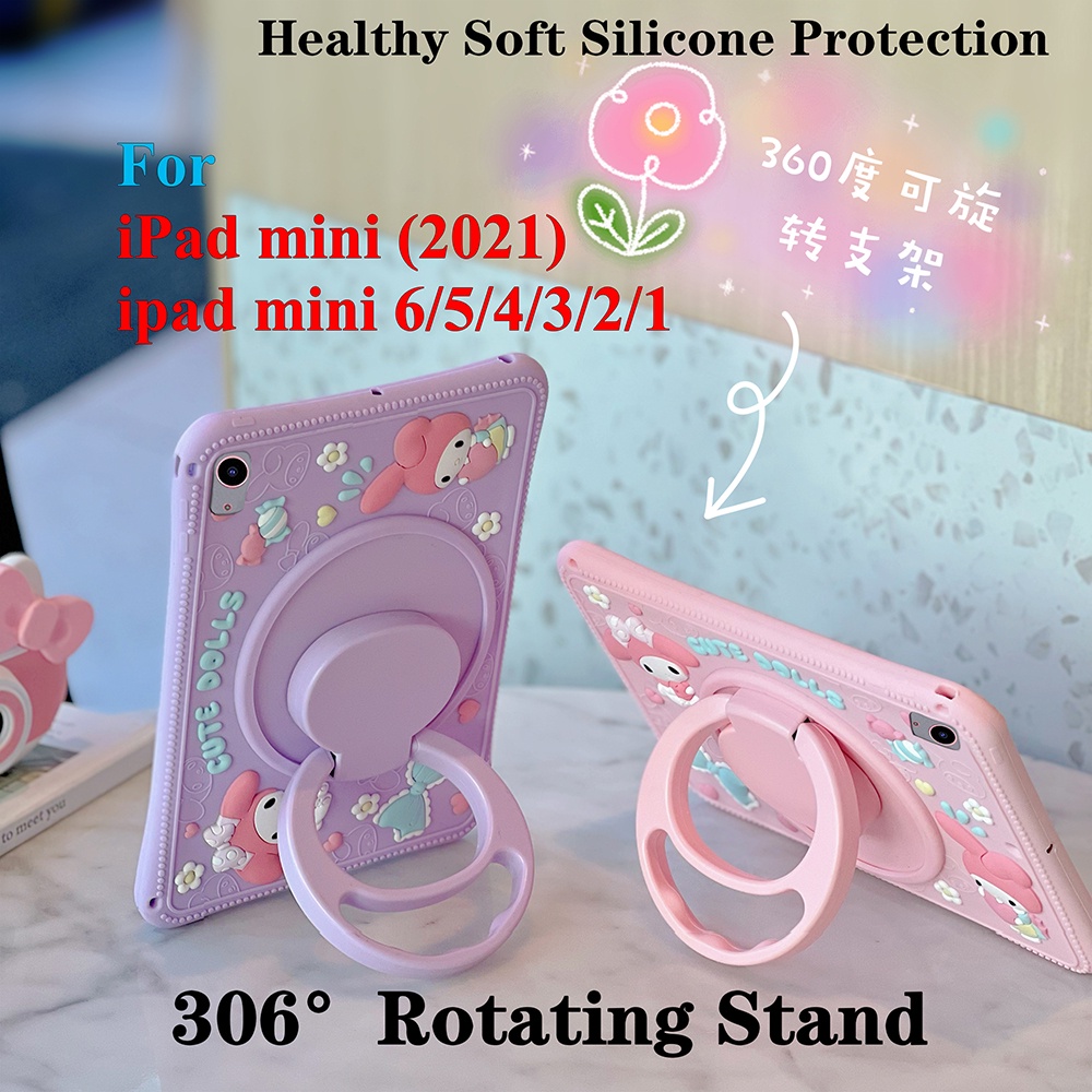 Untuk iPad Mini6 (2021) 8.3 &quot;A2568 iPad Mini5 4 3 2 1 7.9&quot; Tablet Case Pelindung Fashion Silicon Lembut360° Rotating Ring Stand Casing Melody Penutup Kartun Lucu