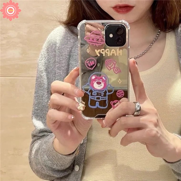 IPHONE Cermin Make Up Imut Strawberry Bear Manyo Case Kompatibel Untuk Iphone11 12 13 Pro MAX 7plus XR 78 Plus X XS MAX SE 2020 Lembut Jatuh Shockproof Back Cover