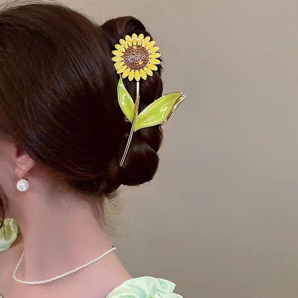 Needway Sunflower Hair Claw Hadiah Untuk Gadis Ins Gaya Hiasan Kepala Rambut Kepiting Klip Zirkon Jepit Rambut Ponytail Holder Besar Hairgrips Fashion Hiasan Kepala Korea Hair Clips