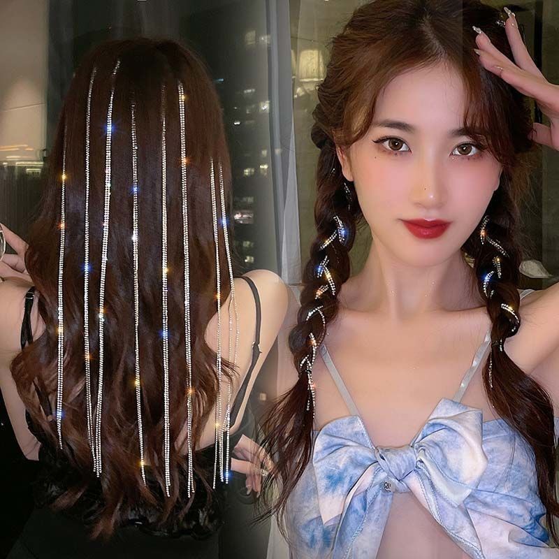 [Unggulan] 1 Pc Korea Perak Warna-Warni Rantai Jepit Glitter Rumbai Dikepang Jepit Punk Pesta Wanita Hiasan Kepala Shiny Rhinestones Hair Chain