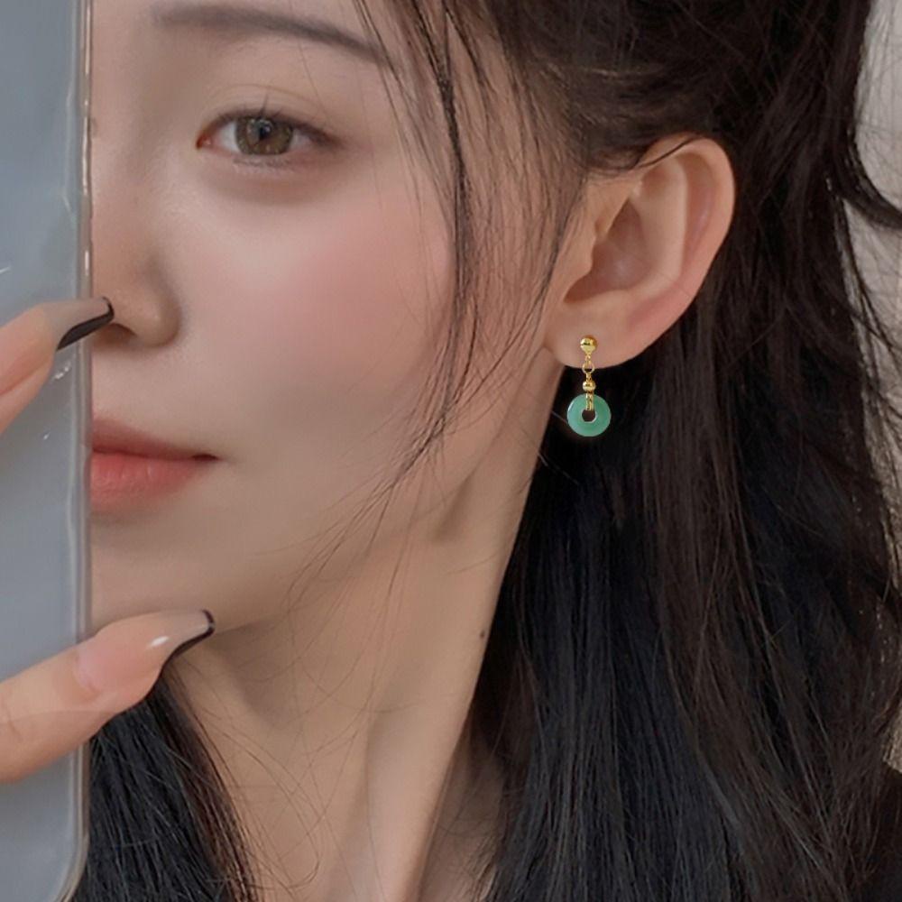 Mxbeauty Anting Gaya Cina Geometri Retro Bulat Liontin Fashion Giok Klasik Perempuan Menjuntai Earrings