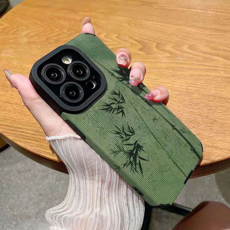 【Lamb Skin】Green bamboo Soft Case for IPhone 6S 7 Plus 8 Plus X XS XR XS Max 11 13 12 14 PRO Max 14 Plus 12 13 Mini Camera Protect Baolongwish Casing