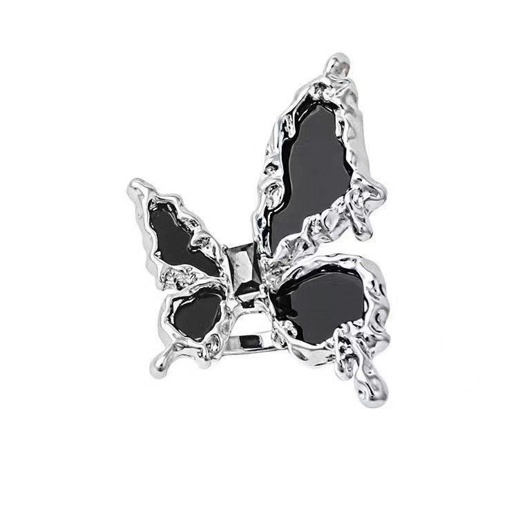 Cincin Kupu-Kupu Cair Hitam Fashion Baru Untuk Wanita Punk Logam Berlebihan Terbuka Dapat Disesuaikan Cincin Serangga Perhiasan Pesta