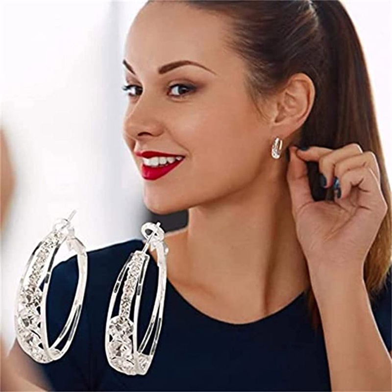 Wanita Pribadi Berlian Imitasi Bertatahkan Berkilau Hoop Earring Perhiasan Hadiah