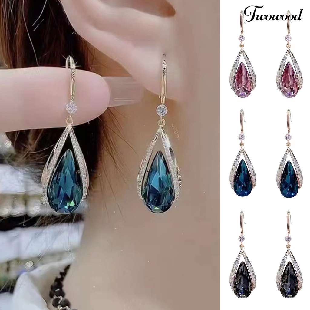 Twowood 1pasang Anting Kait Kelas Tinggi Temperamen Elegan Berlian Imitasi Hadiah Imitasi Ungu Kristal Tetesan Air Menjuntai Anting-Anting Perhiasan Fashion