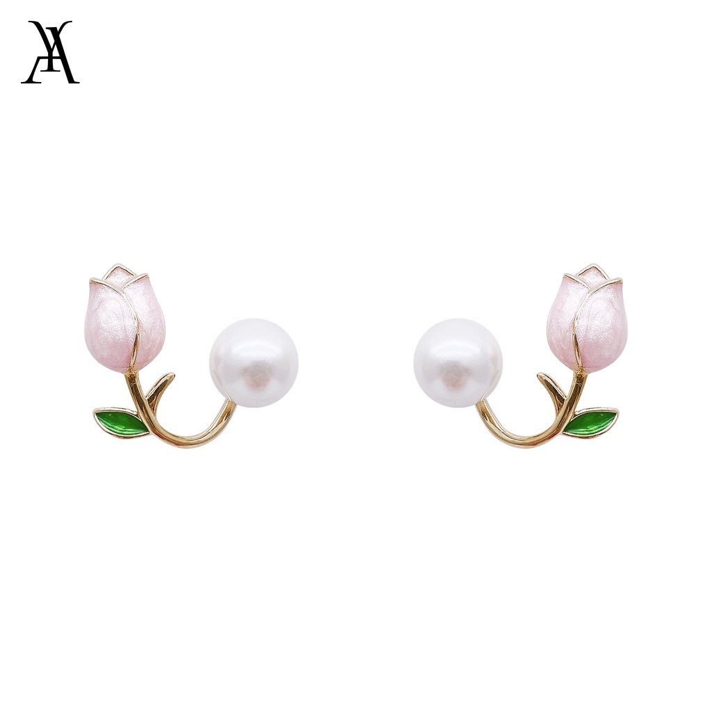 AY(CN) Anting Stud Desain Bunga Tulip Aksen Mutiara Warna Pink Untuk Aksesoris Rambut Wanita