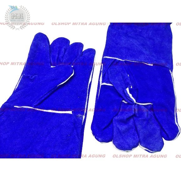 OLS Sarung Tangan Kulit Las Biru 16 Inch Leather Welding Gloves Max Blue MA