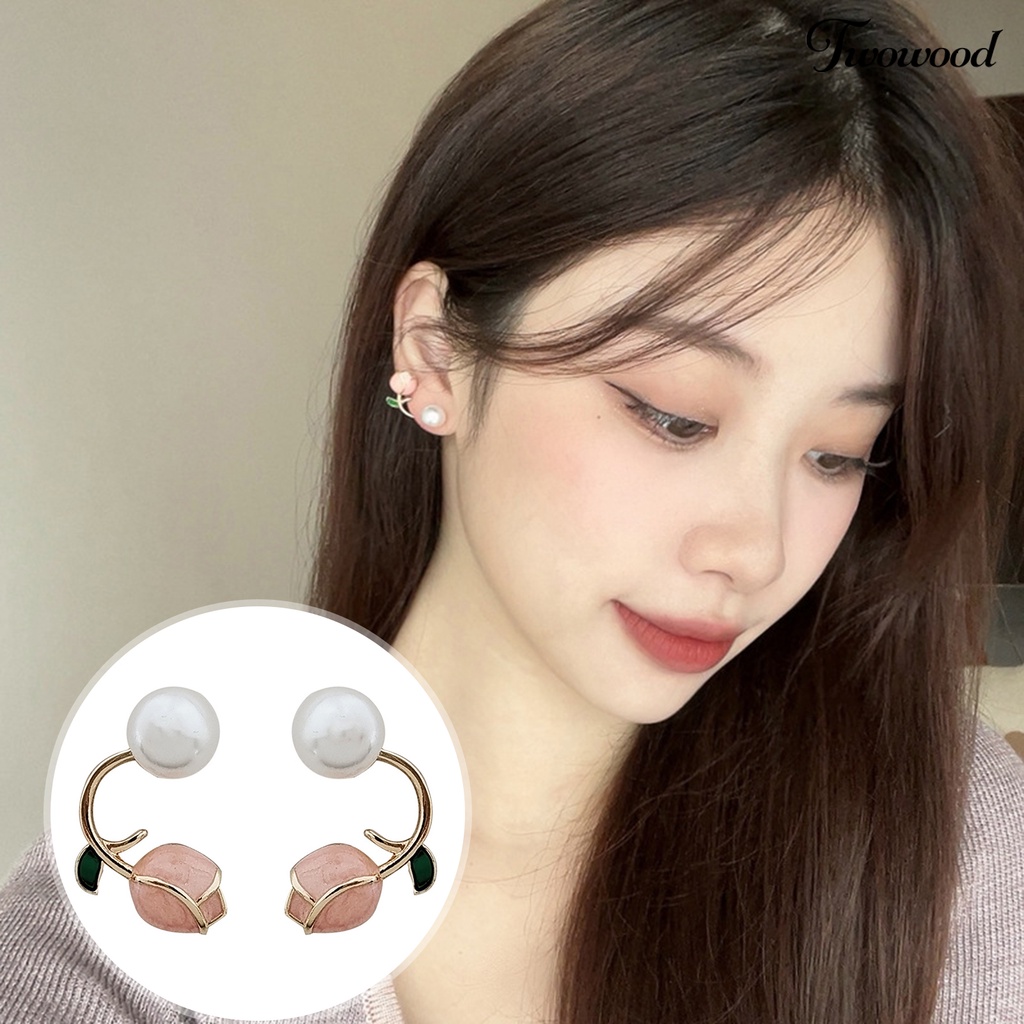 Twowood 2Pcs Ear Studs Elegan Electroplating Gaya Perancis Bunga Tulip Anting Mutiara Imitasi Silver Needle Stud Earrings