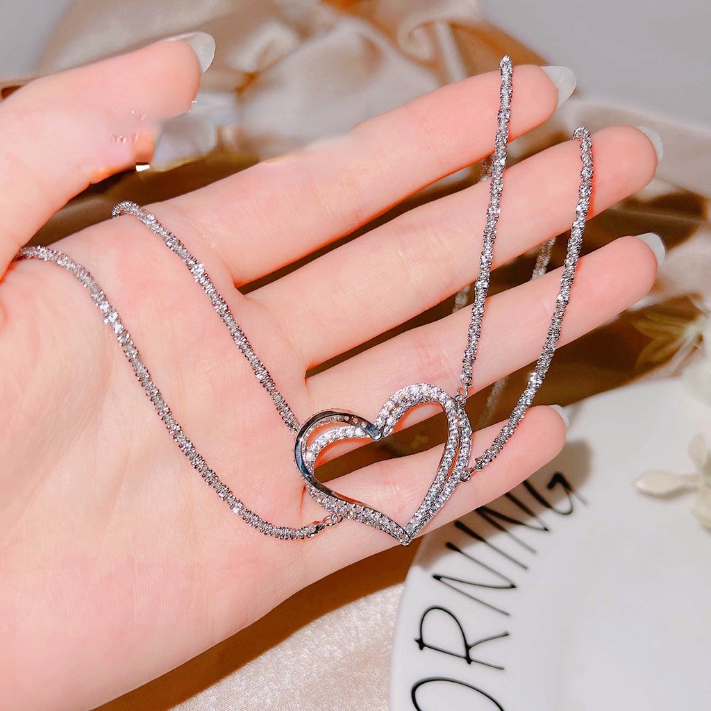 Goldkingdom Aksesoris Perhiasan Fashion Ready Stock Zirkon Tiga Dimensi Peach Hati Double-layer Kilau Kalung Pendek Wanita