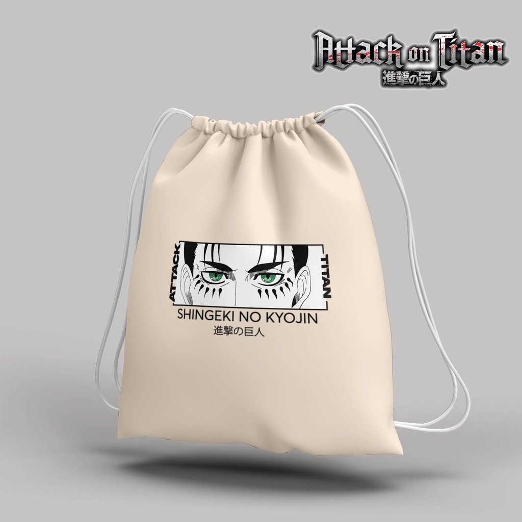 Stringbag anime Attack on titan singeki no kyojin eren yeager tas serut anime string bag canvas premium blacu totebag